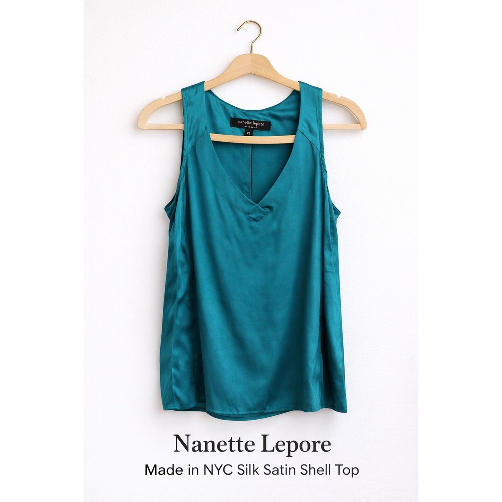 Nanette Lepore Silk Satin Shell Top XS Teal Sleeveless V Neck Blouse Made in NYC